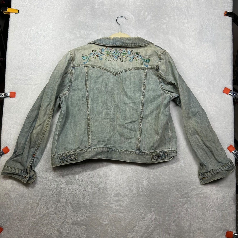 Vintage Old Navy Denim Jacket Women's Blue Floral Embroidery Beaded Y2K - 2XL - Picture 2 of 12
